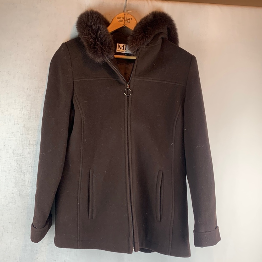 100% Wool Jacket M Genuine Fox Fur Trim Hood Full Zip Winter Coat Espresso